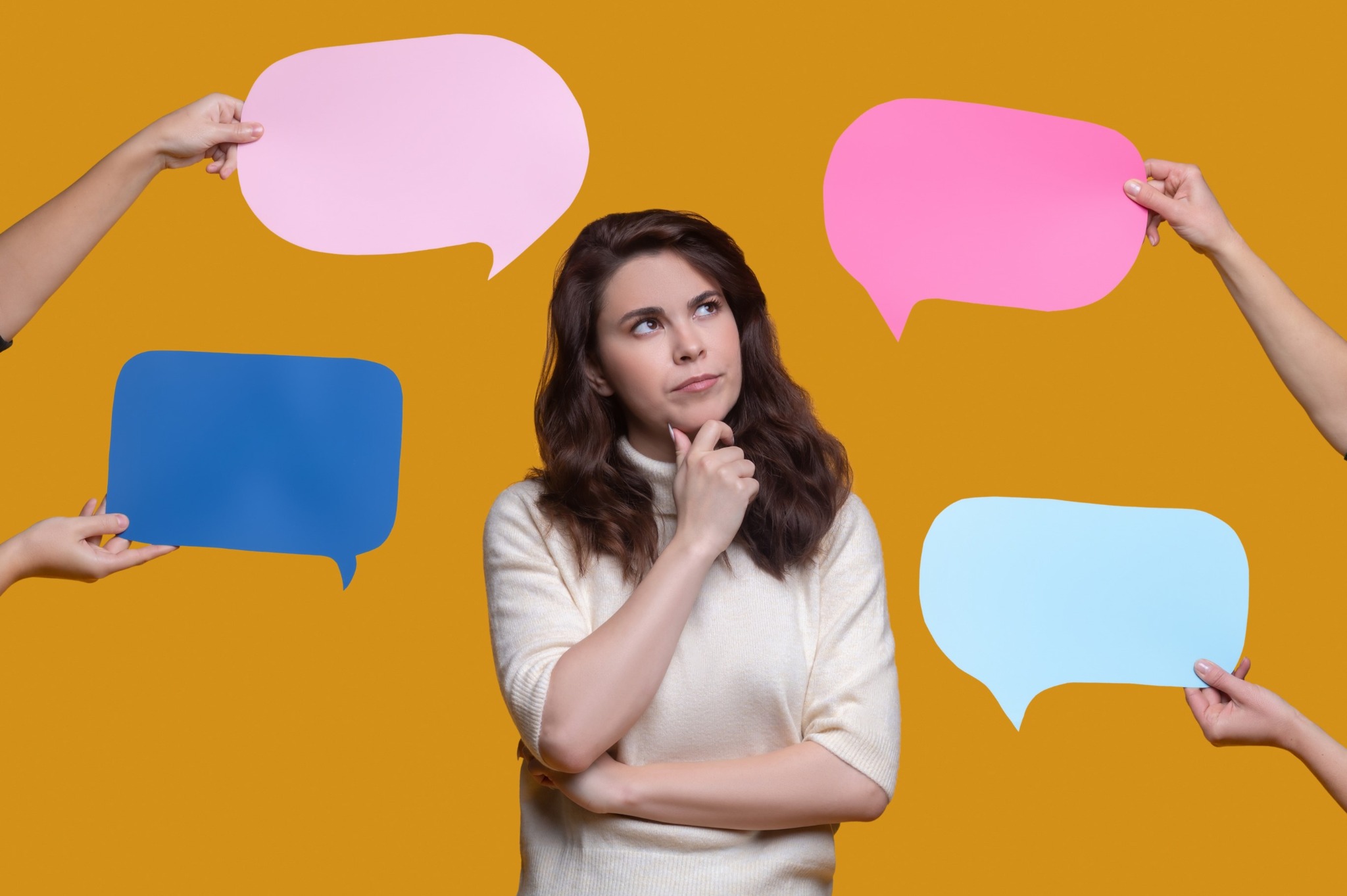 Thinking person with speech bubbles